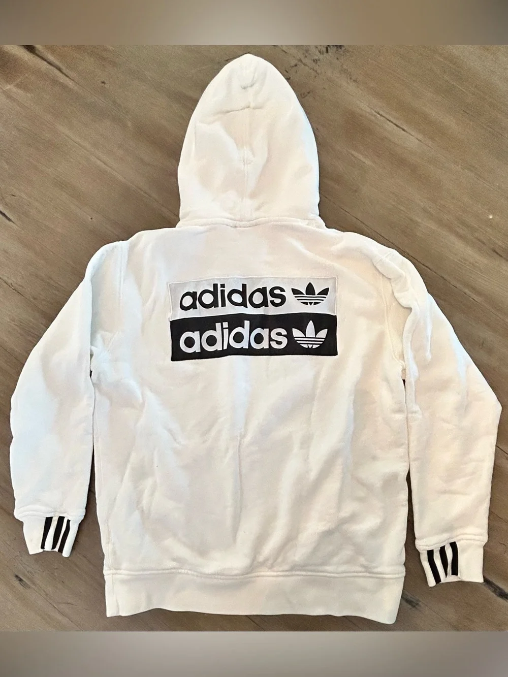 adidas White Hoodie with Black Logo and Cuff Stripes